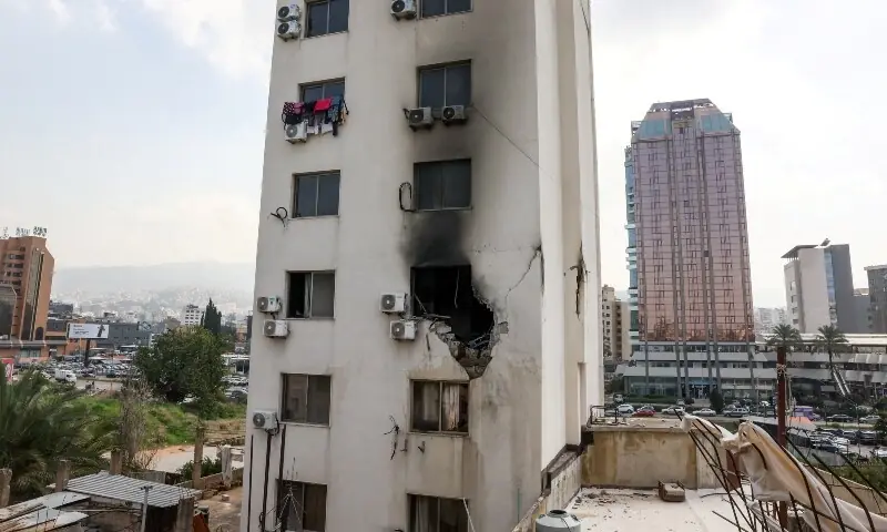 A damaged building after an Israeli drone struck a residential apartment in Bourj Hammoud, in the northern outskirts of Beirut, following an escalation between Hezbollah and Israel amid the U.S.-Israeli conflict with Iran, Lebanon, March 13. — Reuters