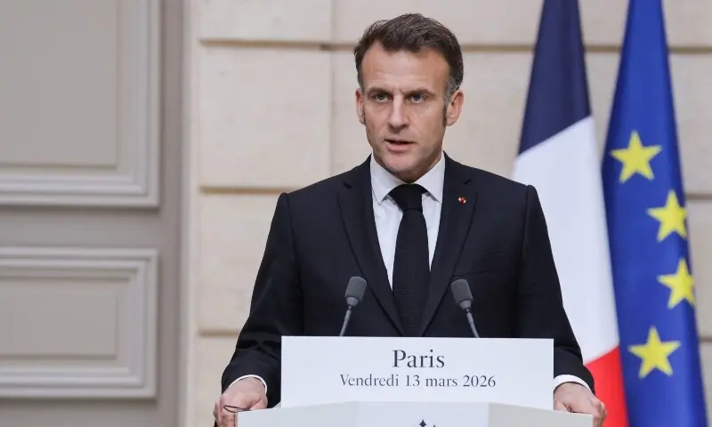 France&rsquo;s President Emmanuel Macron delivers a speech during a joint press conference with Ukraine&rsquo;s President Volodymyr Zelensky (unseen) at the Elysee Presidential Palace in Paris on March 13. &mdash; AFP