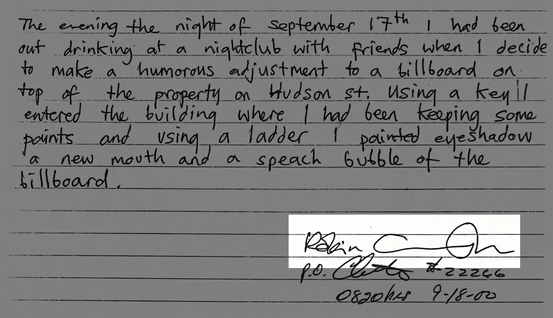  Robin Gunningham&rsquo;s signature on Banksy&rsquo;s 2000 confession of vandalism in New York. Photo: Reuters 