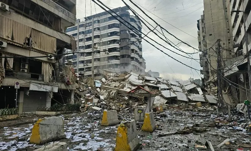 A photograph shows the site of an overnight Israeli airstrike that targeted Beirut&rsquo;s southern suburbs, on March 14, 2026. &mdash;Reuters