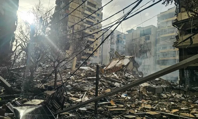 A photograph shows the site of an overnight Israeli airstrike that targeted the Haret Hreik neighbourhood in Beirut&rsquo;s southern suburbs, on March 14, 2026. &mdash;Reuters