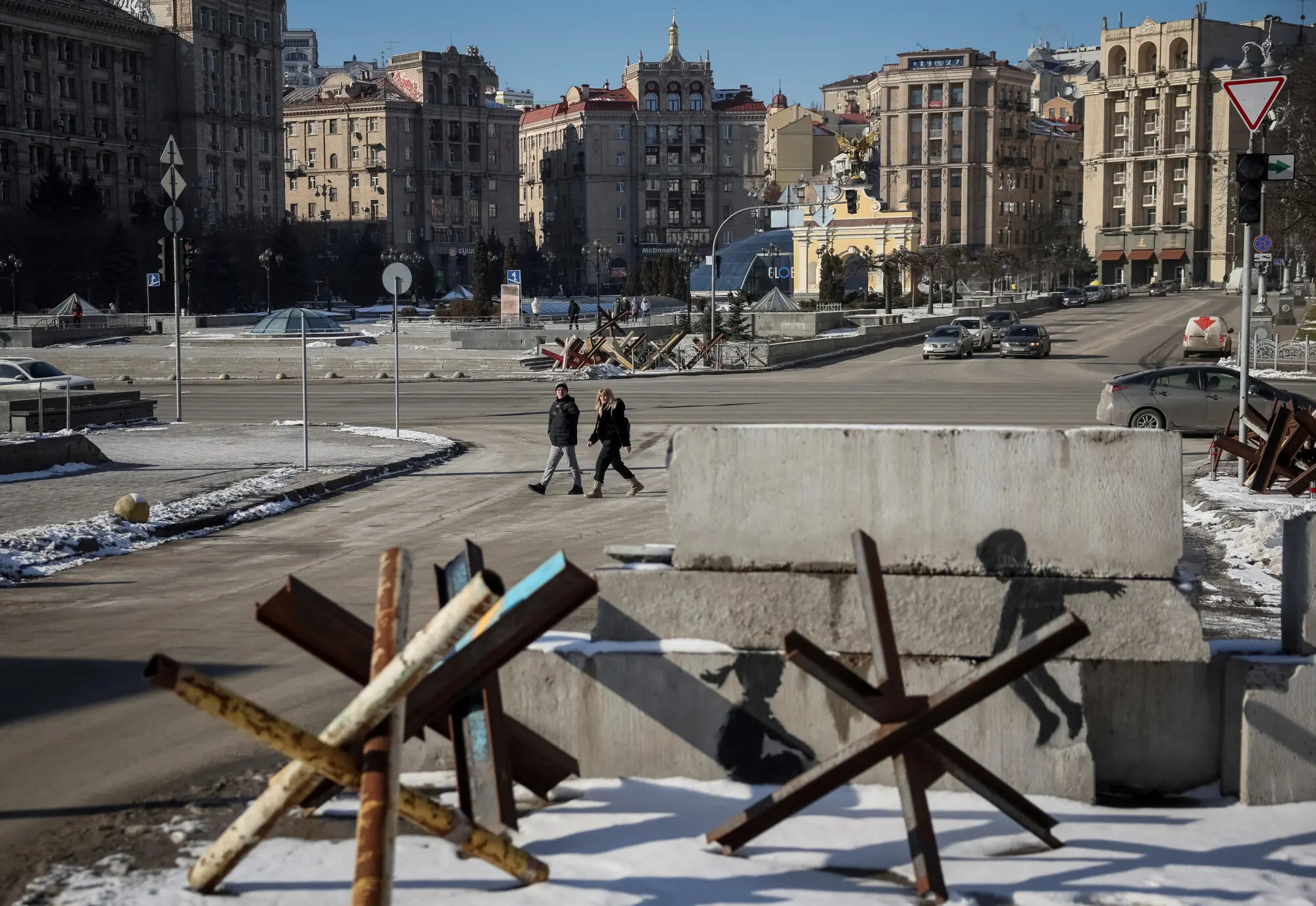 A Banksy mural made near anti-tank defences in Kyiv. Photo: Reuters