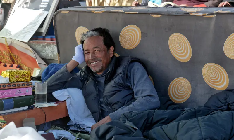 Sonam Wangchuk, 57, an Indian education reformer, looks on as he conducts a hunger strike demanding constitutional safeguards and statehood in India-held Ladakh on March 21, 2024. &mdash; Reuters/File