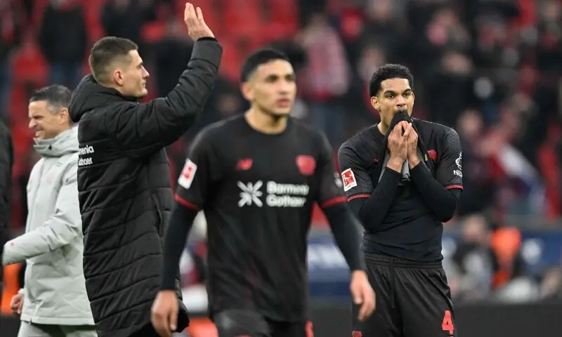 Bayer Leverkusen’s players including English defender #04 Jarell Quansah (R) react after the German first division Bundesliga football match between Bayer 04 Leverkusen and FC Bayern Munich in Leverkusen, western Germany on March 14. — AFP Bayer Leverkusen’s players including English defender #04 Jarell Quansah (R) react after the German first division Bundesliga football match between Bayer 04 Leverkusen and FC Bayern Munich in Leverkusen, western Germany on March 14. — AFP