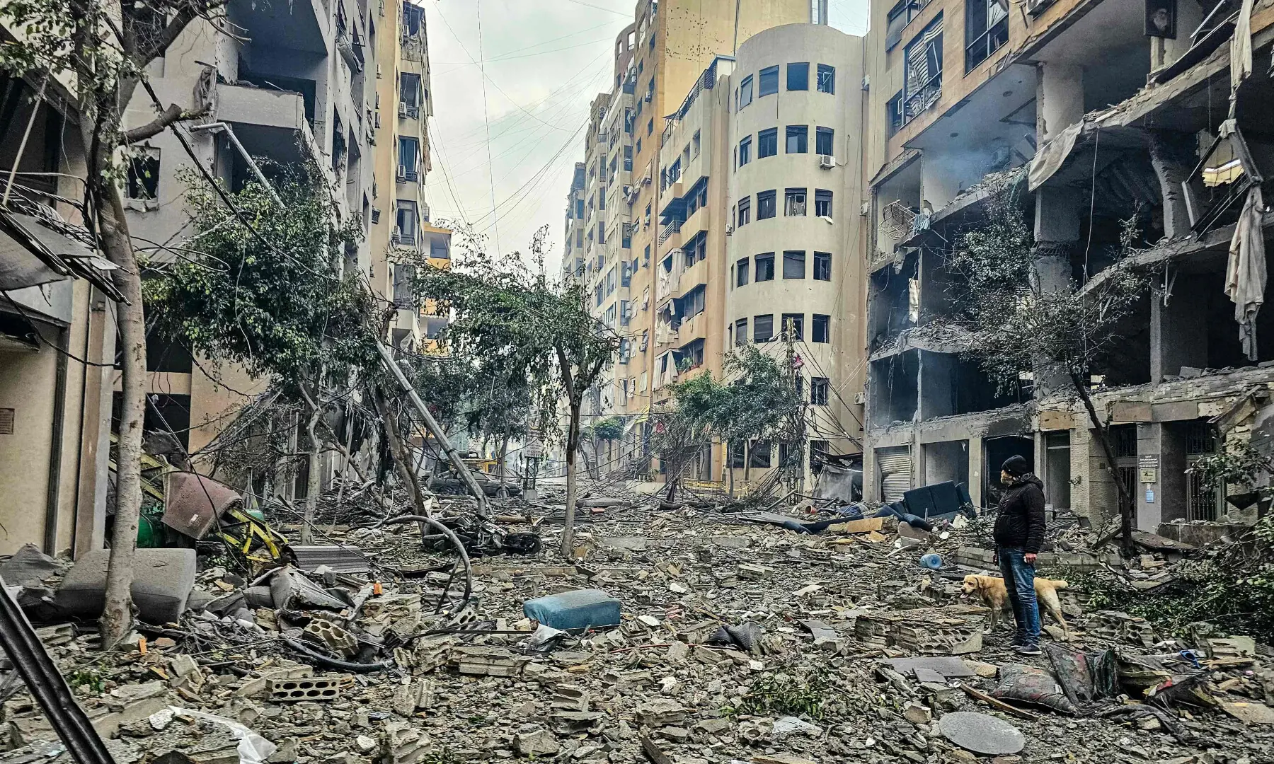 A man and his dog walk across the rubble of a building at the site of an Israeli airstrike in Beirut&rsquo;s southern suburb Haret Hreik on March 15, 2026. &mdash; AFP