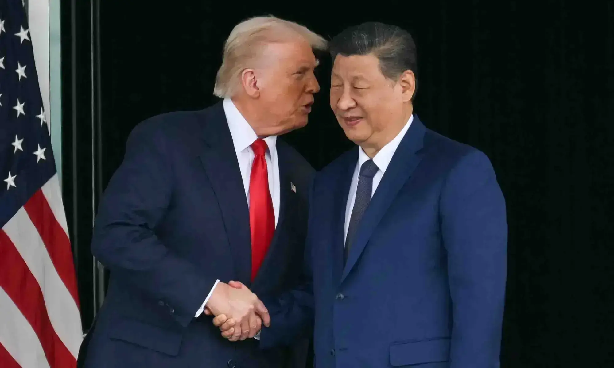 US President Donald Trump (L) and China&rsquo;s President Xi Jinping shake hands as they leave after their talks at the Gimhae Air Base, located next to the Gimhae International Airport in Busan on October 30, 2025. &mdash; AFP/File
