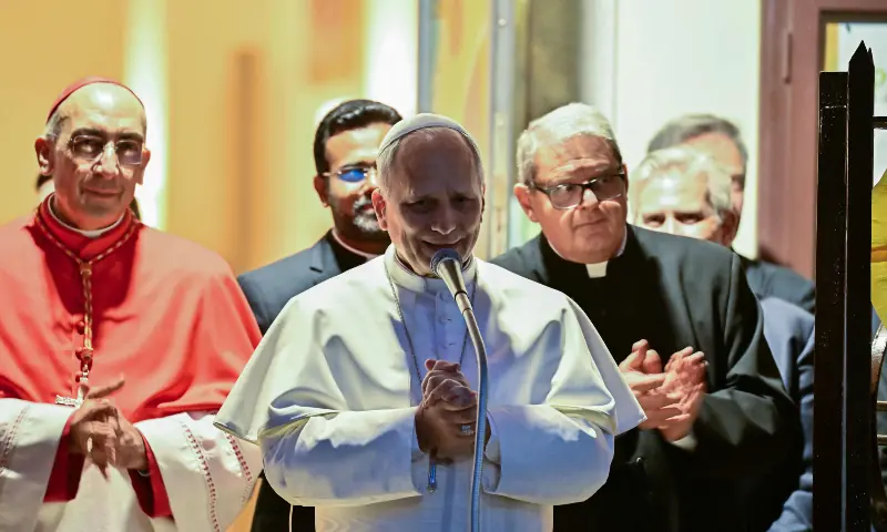 Pope Leo XIV speaks after leading Mass during a pastoral visit to the &lsquo;Sacred Heart of Jesus&rsquo; Parish in Ponte Mammolo on the Fourth Sunday of Lent, in Rome on March 15, 2026. &mdash; AFP