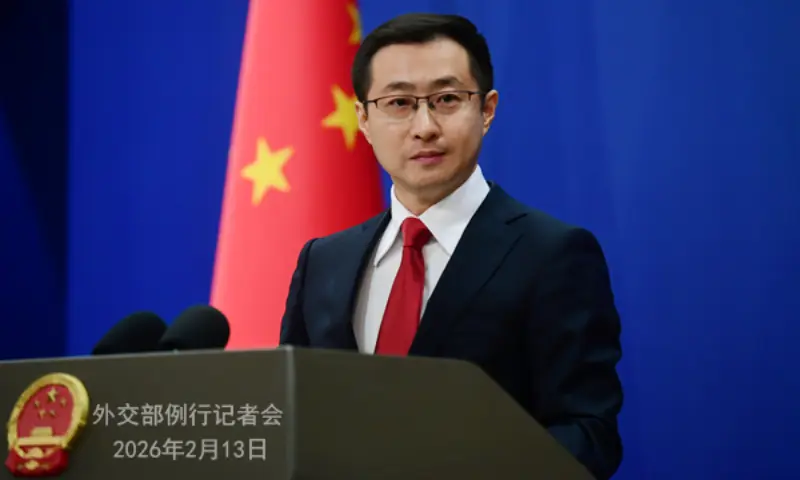 Chinese foreign ministry spokesperson Lin Jian addresses a regular press briefing in Beijing on Feb 13, 2026. &mdash; Chinese foreign ministry website