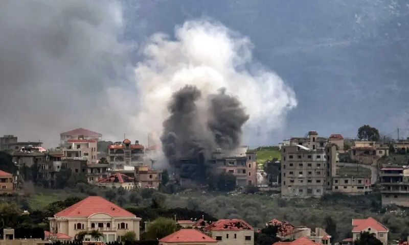 Smoke plumes rise following Israeli bombardment on the village of Khiam in southern Lebanon near the border with Israel, as seen from nearby Marjayoun, on March 16, 2026. &mdash;AFP