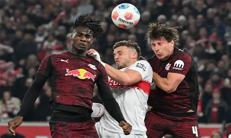 STUTTGART: RB Leipzig&rsquo;s Castello Lukeba (L) and Willi Orban vie for the ball with Ermedin Demirovic of Stuttgart during their Bundesliga match.&mdash;AFP
