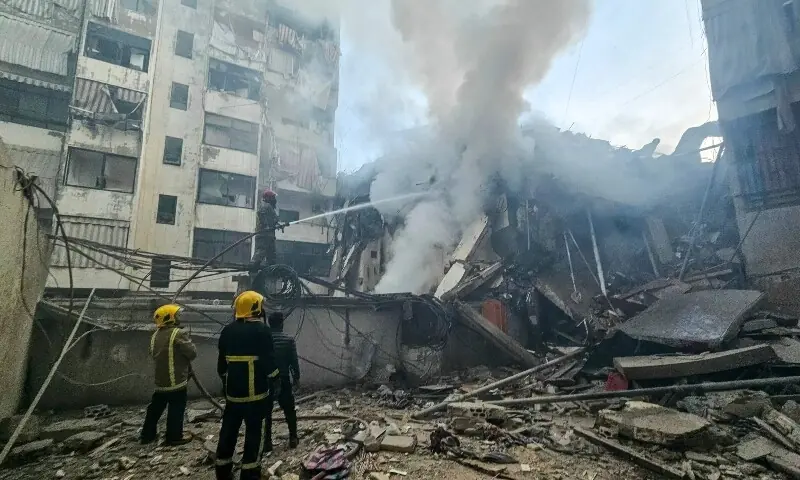 Firefighters extinguish a fire that swept through the site of an Israeli airstrike targeting Beirut&rsquo;s southern suburbs, in the al-Kafaat neighborhood, on March 17, 2026. &mdash;AFP