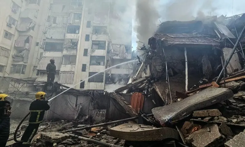 Firefighters extinguish a fire that swept through the site of an Israeli airstrike targeting Beirut&rsquo;s southern suburbs, in the al-Kafaat neighborhood, on March 17, 2026. &mdash;AFP