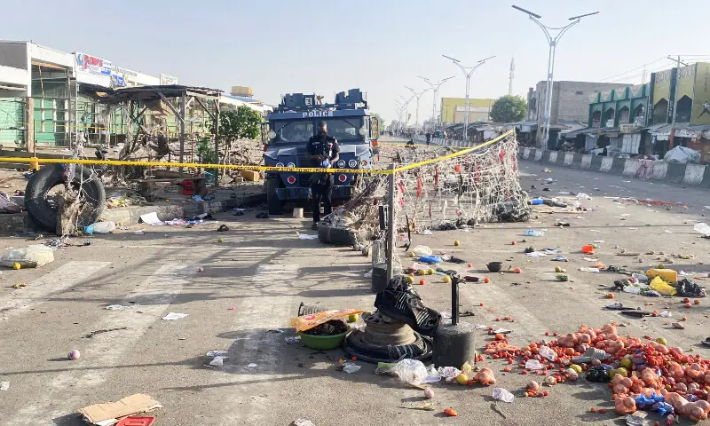 A Nigerian police truck stands at the deserted Maiduguri Monday Market the morning after multiple explosions struck the northeastern city of Maiduguri, Borno State, Nigeria on March 17, 2026. &mdash; Reuters