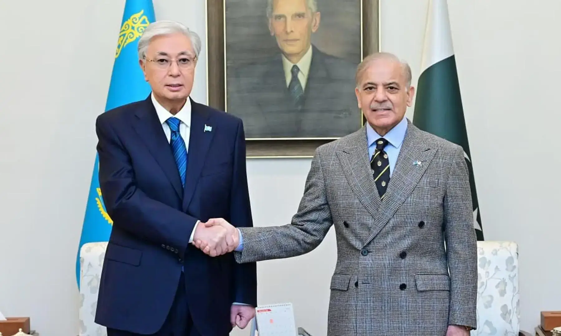Prime Minister Shehbaz Sharif shakes hands with Kazakhstan President Kassym-Jomart Tokayev at the Prime Minister&rsquo;s House on Feb 4, 2026. &mdash; PID/File
