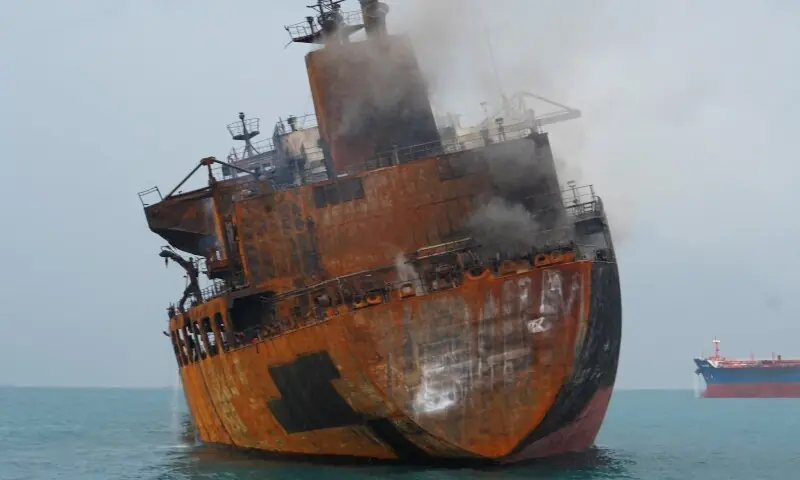 A foreign tanker carrying Iraqi fuel oil damaged after catching fire in Iraq&rsquo;s territorial waters, following unidentified attacks, near Basra, Iraq on March 12. &mdash; Reuters