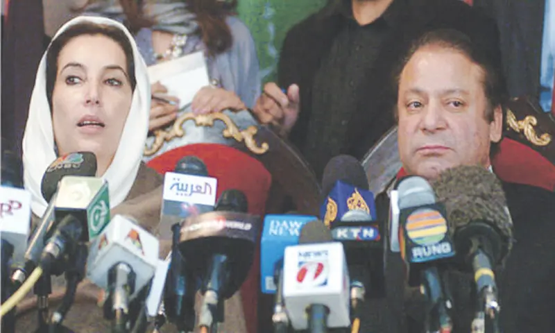  Benazir Bhutto and Nawaz Sharif pictured during a joint press conference in Islamabad on December 3, 2007 | AFP 