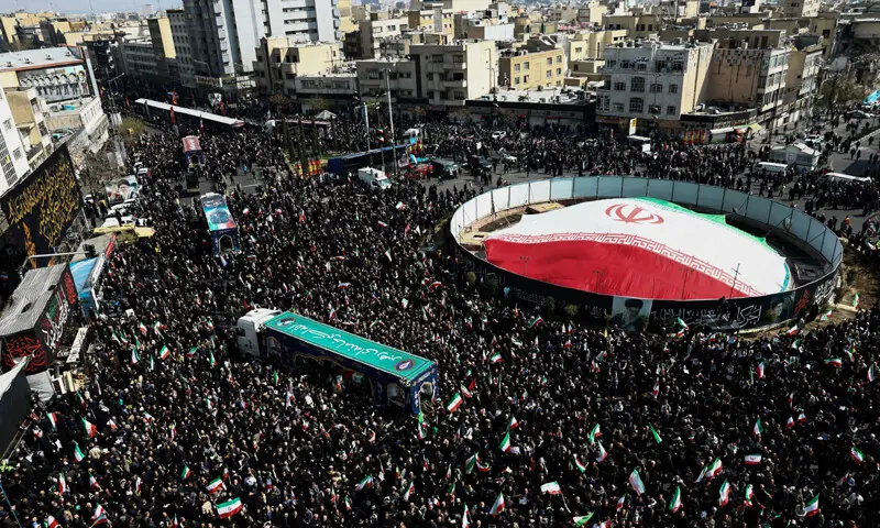 THOUSANDS of Iranians fill Tehran&rsquo;s Enquilab Square for the funeral of assassinated security chief Ali Larijani, and sailors from the IRIS Dena warship, which was sunk by the US in international waters.&mdash;Reuters