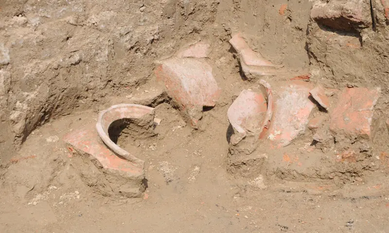 A view of pottery remains that were found at the submerged site in Sindh&rsquo;s Banbhore area.&mdash;Dawn