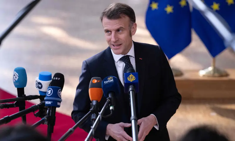 France&rsquo;s President Emmanuel Macron speaks to journalists as he arrives for a EU Summit at the EU headquarters in Brussels, on March 19, 2026. &mdash; AFP