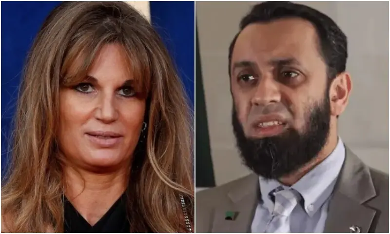 A combination photo of Jemima Goldsmith and Information Minister Attaullah Tarar. &mdash; Reuters/Screengrab via Voice of America/File