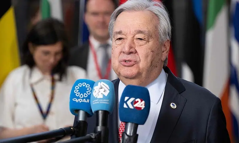Secretary-General of the United Nations Antonio Guterres speaks to press as he arrives for the European Union Summit at the EU headquarters in Brussels, on March 19. &mdash; AFP