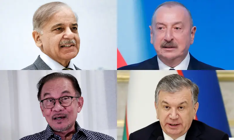 This photo combo shows (clockwise from left) PM Shehbaz Sharif, Azerbaijan President Ilham Aliyev (R), Uzbekistan President Shavkat Mirziyoyev and Malaysian PM Anwar Ibrahim. &mdash; AFP/Reuters/File