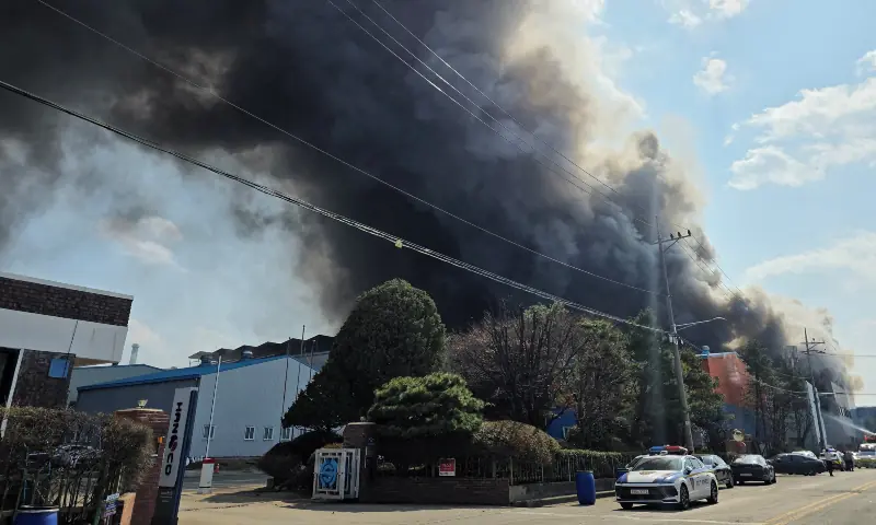 Smoke rises from a car parts factory in Daejeon, South Korea on March 20, 2026. &mdash; Yonhap via Reuters