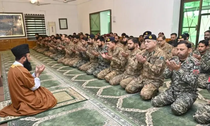 Chief of Defence Forces and Chief of th =e Army Staff Field Marshal Asim Munir offers Eidul Fitr prayers with troops and officers in Kurram on March 21, 2026. &mdash; ISPR