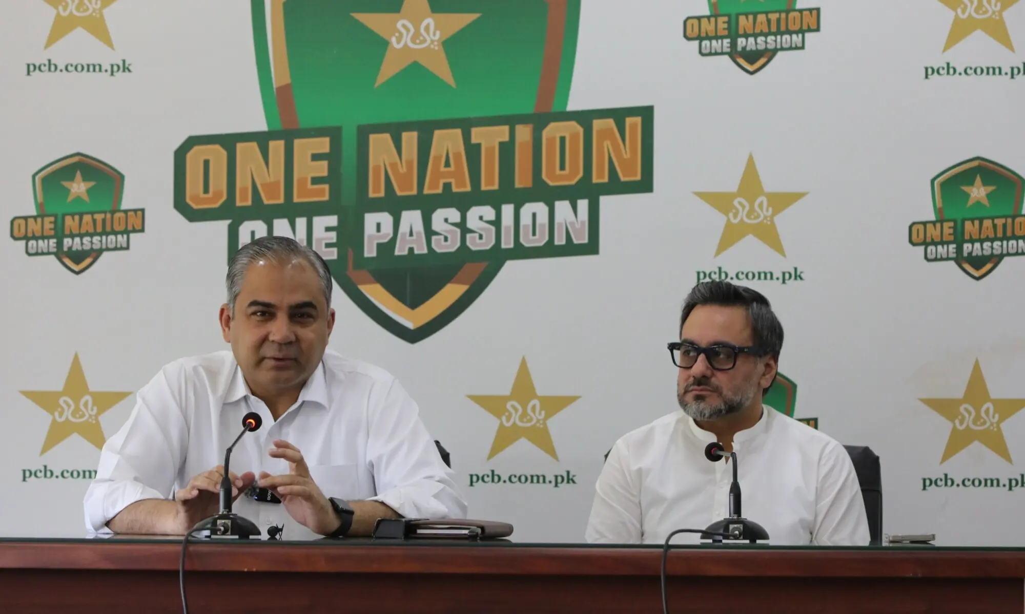 Pakistan Cricket Board Chairman Mohsin Naqvi address the media in Lahore on March 22. &mdash; Photo courtesy PCB/X
