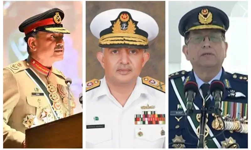A combination photo showing Chief of Defence Forces and Chief of Army Staff Asim Munir, Chief of Naval Staff Naveed Ashraf and Chief of Air Staff Zaheer Ahmed Baber Sidhu. &mdash; Dawn/File