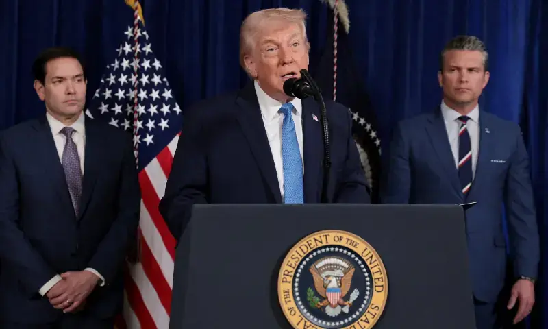 US President Donald Trump speaks as Secretary of State Marco Rubio and Secretary of Defense Pete Hegseth look on during a press conference following a US strike on Venezuela where President Nicolas Maduro and his wife, Cilia Flores, were captured, from Trump&rsquo;s Mar-a-Lago club in Palm Beach, Florida, US on January 3, 2026. &mdash; Reuters