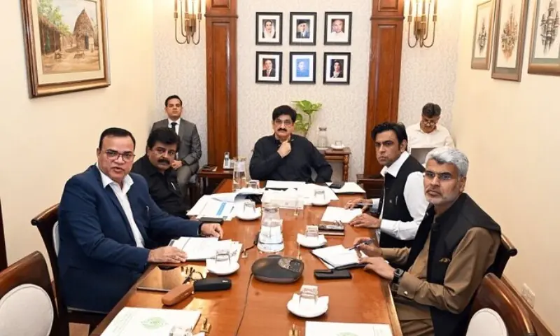 Sindh Chief Minister Syed Murad Ali Shah presides over a meeting at the CM House to review progress on the reconstruction of flood-affected schools. &mdash;Photo courtesy @SindhCMHouse/X