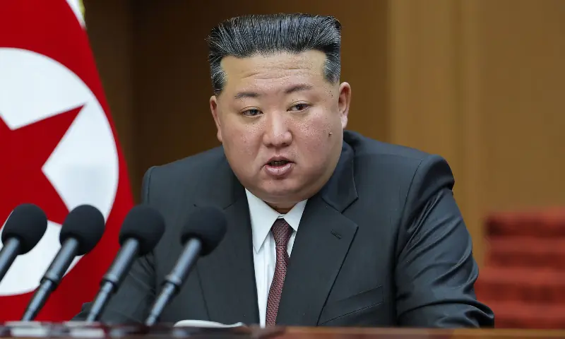 This picture taken on March 23, 2026 and released by North Korea&rsquo;s official Korean Central News Agency (KCNA) on March 24, 2026 shows North Korean leader Kim Jong Un delivering a policy speech at the First Session of the 15th Supreme People&rsquo;s Assembly at the Assembly Hall in Pyongyang. &mdash; KCNA via AFP