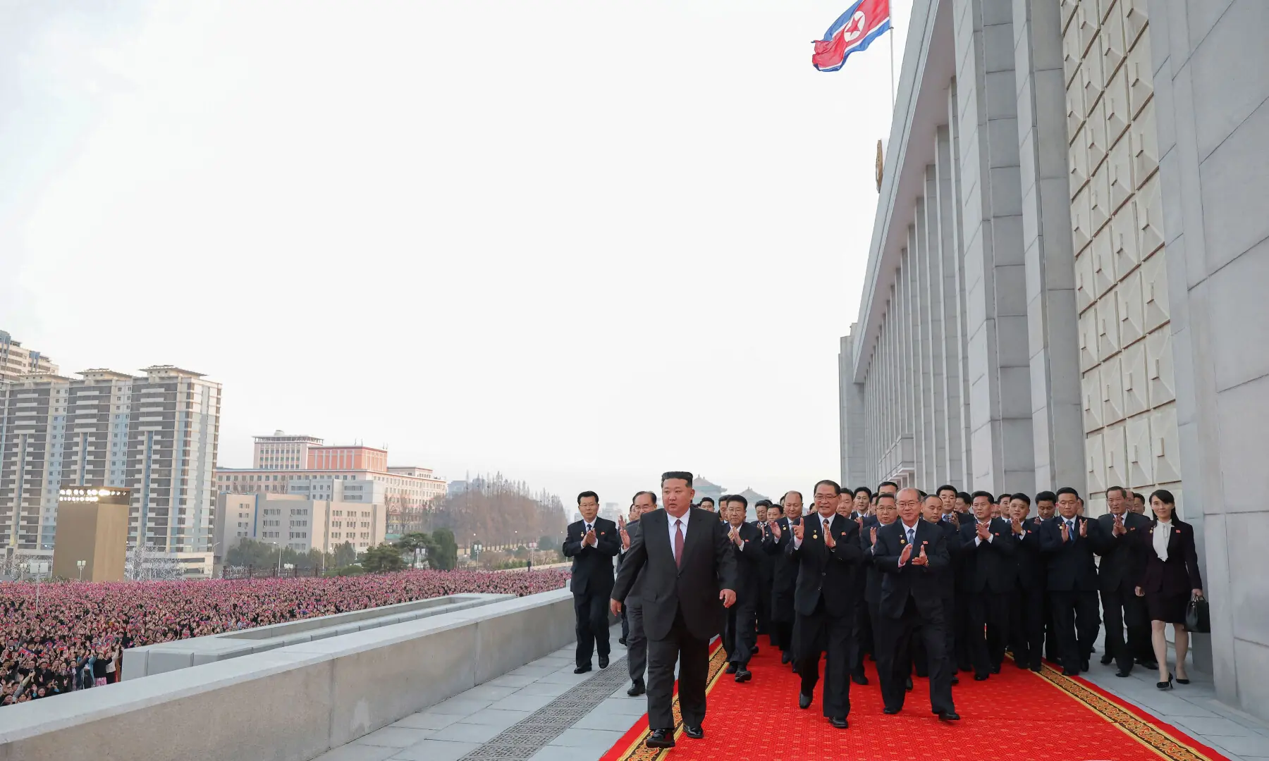 This picture taken on March 23, 2026 and released by North Korea&rsquo;s official Korean Central News Agency (KCNA) on March 24, 2026 shows North Korean leader Kim Jong Un (C) heading toward the venue for a commemorative performance following the conclusion of the First Session of the 15th Supreme People&rsquo;s Assembly in Pyongyang. &mdash; KCNA via AFP
