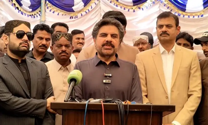 Sindh Local Government Minister Nasir Hussain Shah speaks to media in Rohri on March 24, 2026. &mdash; DawnNewsTV