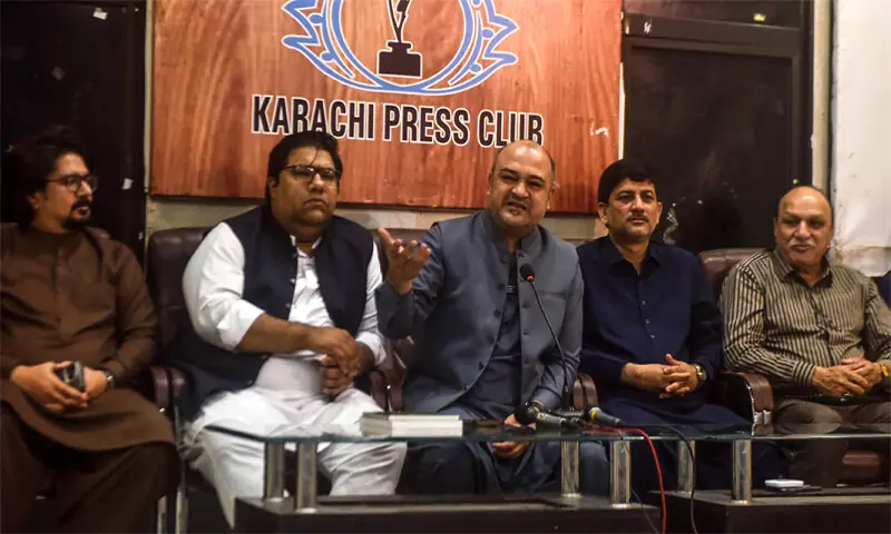Opposition Leader Ali Khurshidi speaks, alongside other MPAs of his party, at the press conference.&mdash;Fahim Siddiqi / White Star