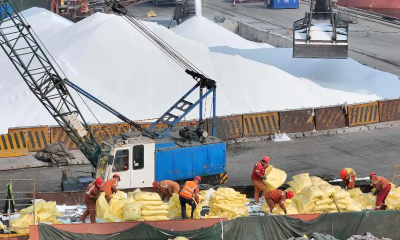Workers handle sacks of fertiliser for export at the Yantai port in Yantai, eastern China&rsquo;s Shandong province on March 23, 2026. &mdash; AFP