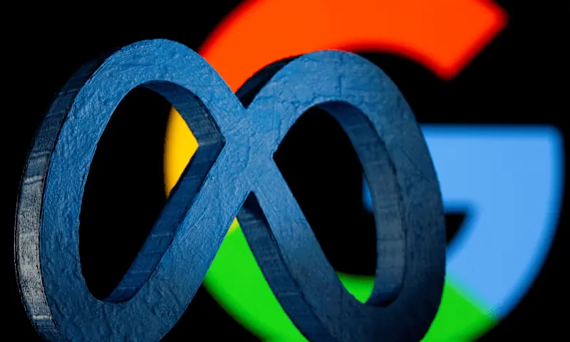 A 3D printed Facebook&rsquo;s rebrand logo Meta is seen in front of displayed Google logo in this illustration taken on November 2, 2021. &mdash; Reuters/File