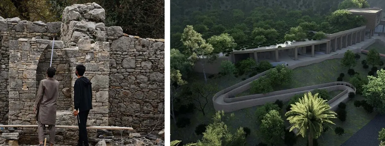 PHOTOS shared on the Punjab archaeology department&rsquo;s Instagram page show (left) people working to repair broken walls at Mohra Moradu, while the picture on the right shows the proposed design of a tourist centre and restaurant outside the same site.