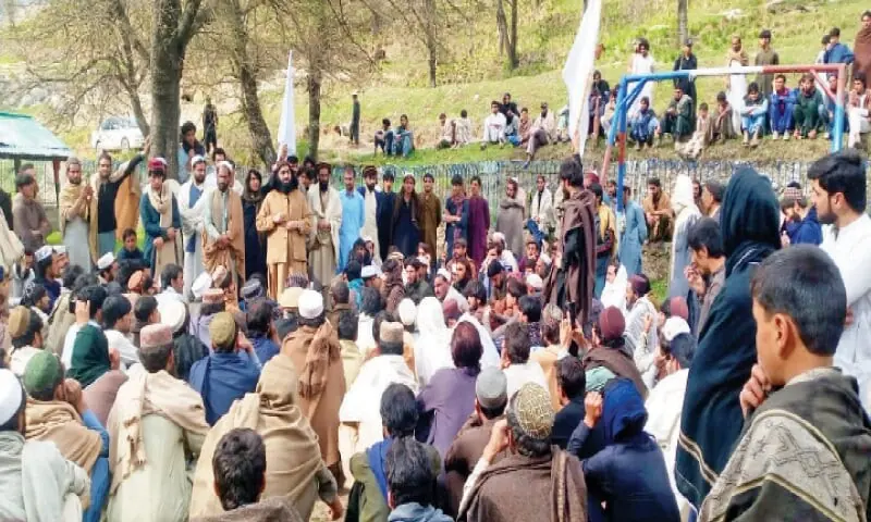 Residents stage a protest in Tirah valley on Monday. — Dawn/File Residents stage a protest in Tirah valley on Monday. — Dawn/File