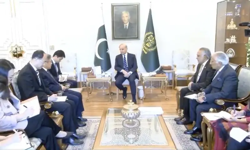 Prime Minister Shehbaz Sharif meets with the Chinese ambassador, Jiang Zedong, at the PM House in Islamabad on March 26. &mdash; screengrab via PakPMO/X