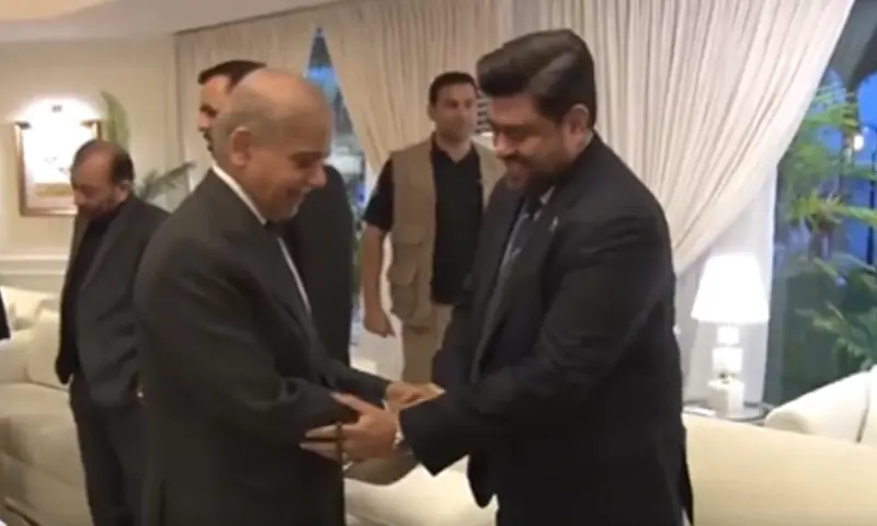 Prime Minister Shehbaz Sharif meets former Sindh governor Kamran Tessori in Karachi on March 26. &mdash; Screengrab via PMO/X