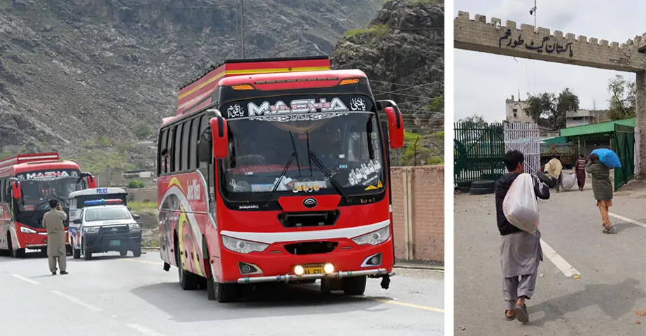(LEFT) Afghan refugees are brought to the border crossing on buses, while (right) people carry their belongings across the Torkham crossing.—Abdul Majeed Goraya / Ibrahim Shinwari (LEFT) Afghan refugees are brought to the border crossing on buses, while (right) people carry their belongings across the Torkham crossing.—Abdul Majeed Goraya / Ibrahim Shinwari