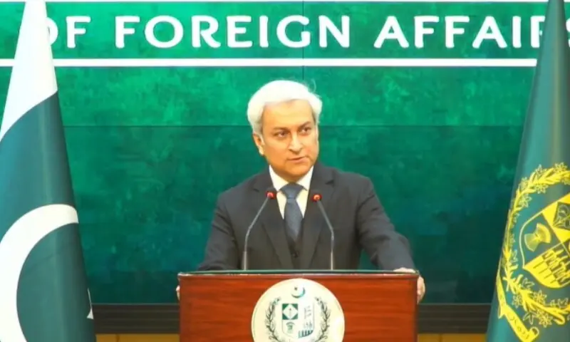 Foreign Office Spokesperson Tahir Hussain Andrabi addresses a press briefing on Thursday, Mar 26. &mdash;Screegrab via @ForeignOfficePk/X
