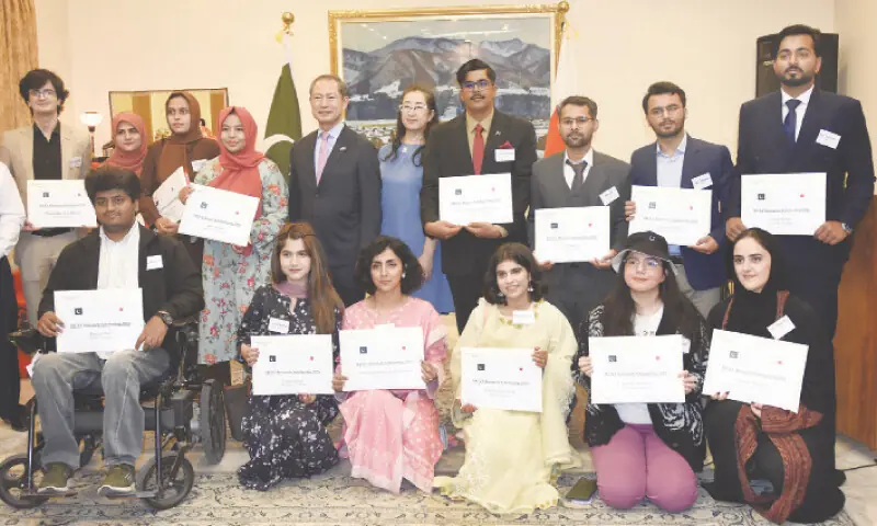 Japanese Ambassador Akamatsu Shuichi poses with the MEXT Research Scholarships 2026 holders during a send-off reception held at Japanese embassy on Thursday.&mdash; Photo by Tanveer Shahzad