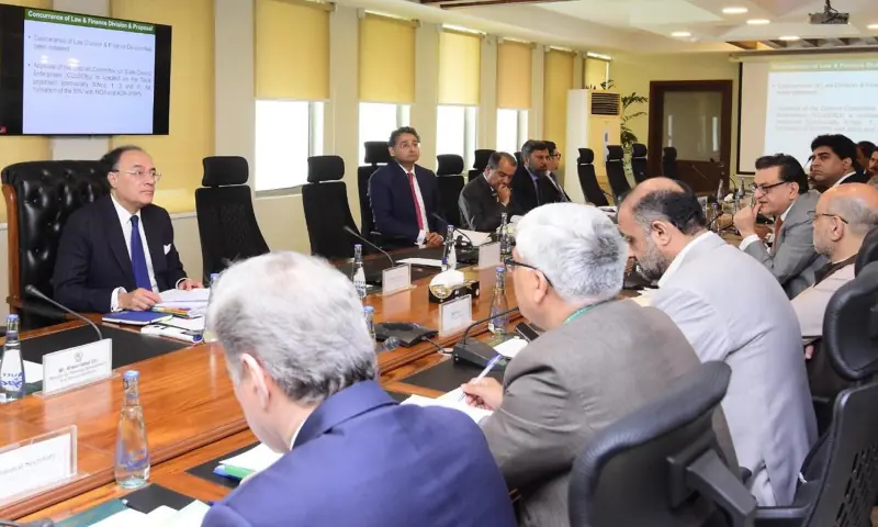 Finance Minister Muhammad Aurangzeb chairs a meeting of the Cabinet Committee on State-Owned Enterprises in Islamabad on March 26. &mdash; PID