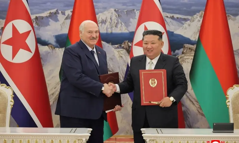 Belarusian President Alexander Lukashenko and North Korea’s Kim Jong Un, attend a signing ceremony in Pyongyang, North Korea, in this picture released by North Korea’s official Korean Central News Agency on March 27, 2026. —Reuters Belarusian President Alexander Lukashenko and North Korea’s Kim Jong Un, attend a signing ceremony in Pyongyang, North Korea, in this picture released by North Korea’s official Korean Central News Agency on March 27, 2026. —Reuters