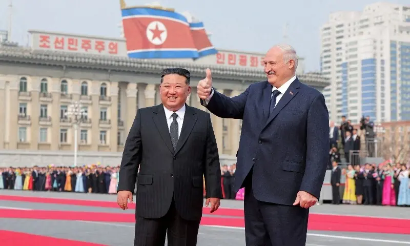 North Korea&rsquo;s Kim Jong Un welcomes Belarus President Alexander Lukashenko in Pyongyang, North Korea, March 25, 2026. &mdash;AFP