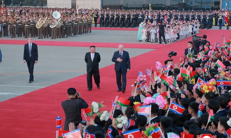 Belarusian President Alexander Lukashenko walks with North Korea&rsquo;s Kim Jong Un, in Pyongyang, North Korea, in this picture released by North Korea&rsquo;s official Korean Central News Agency on March 27, 2026. &mdash;Reuters
