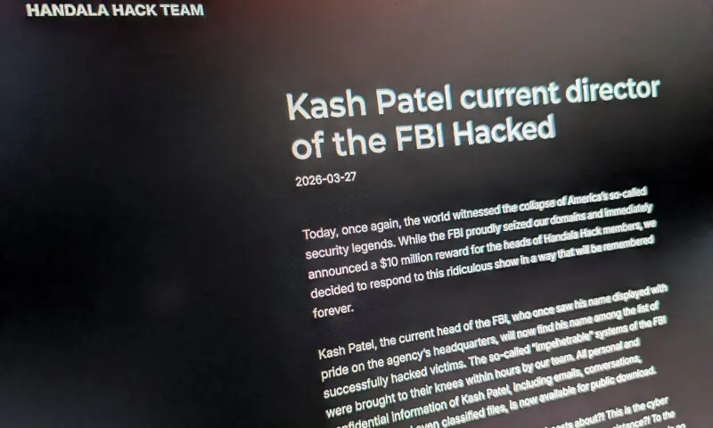 The website used by the Handala Hack Team, an Iran-linked hacker group which has claimed credit for the breach of FBI Director Kash Patel’s personal email, is shown on a screen in Washington DC, the US on March 27. — Reuters The website used by the Handala Hack Team, an Iran-linked hacker group which has claimed credit for the breach of FBI Director Kash Patel’s personal email, is shown on a screen in Washington DC, the US on March 27. — Reuters